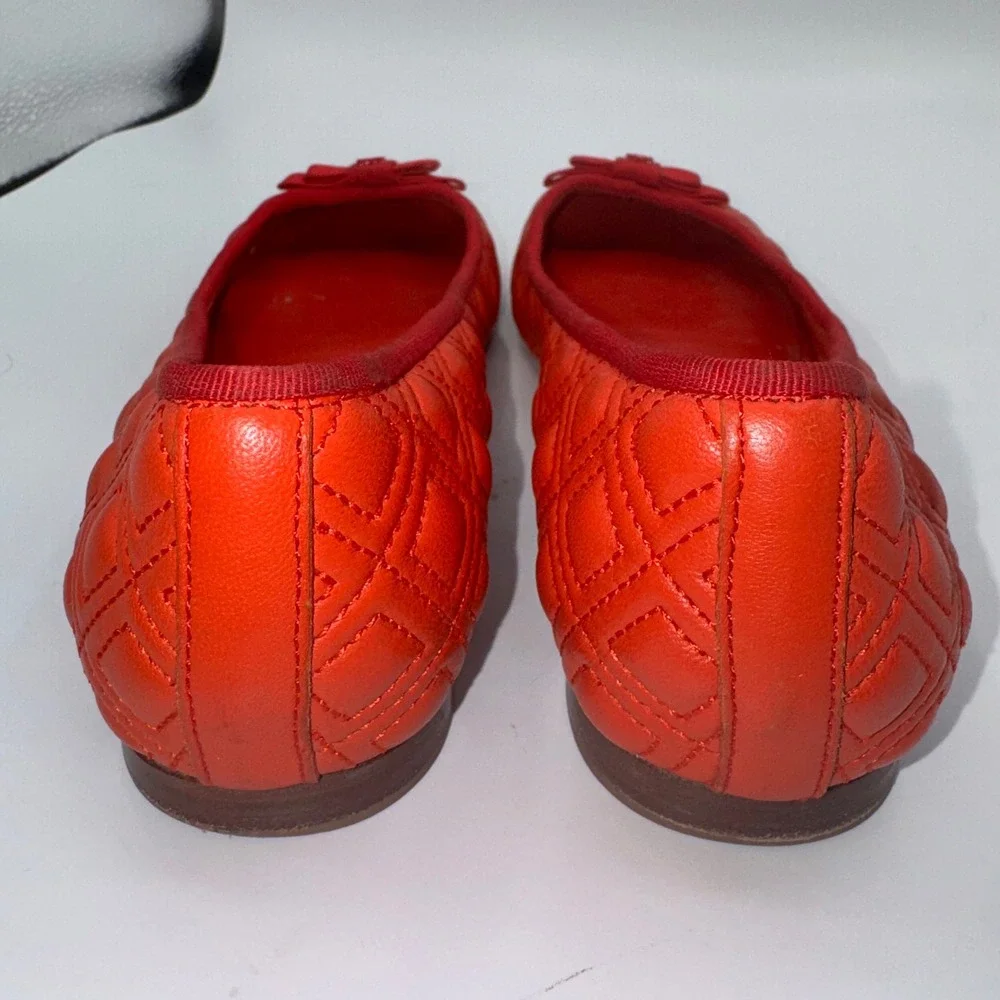 Tory Burch Marion Quilted Leather Ballet Flats Samba Red Bow Logo 7M Dress Shoes